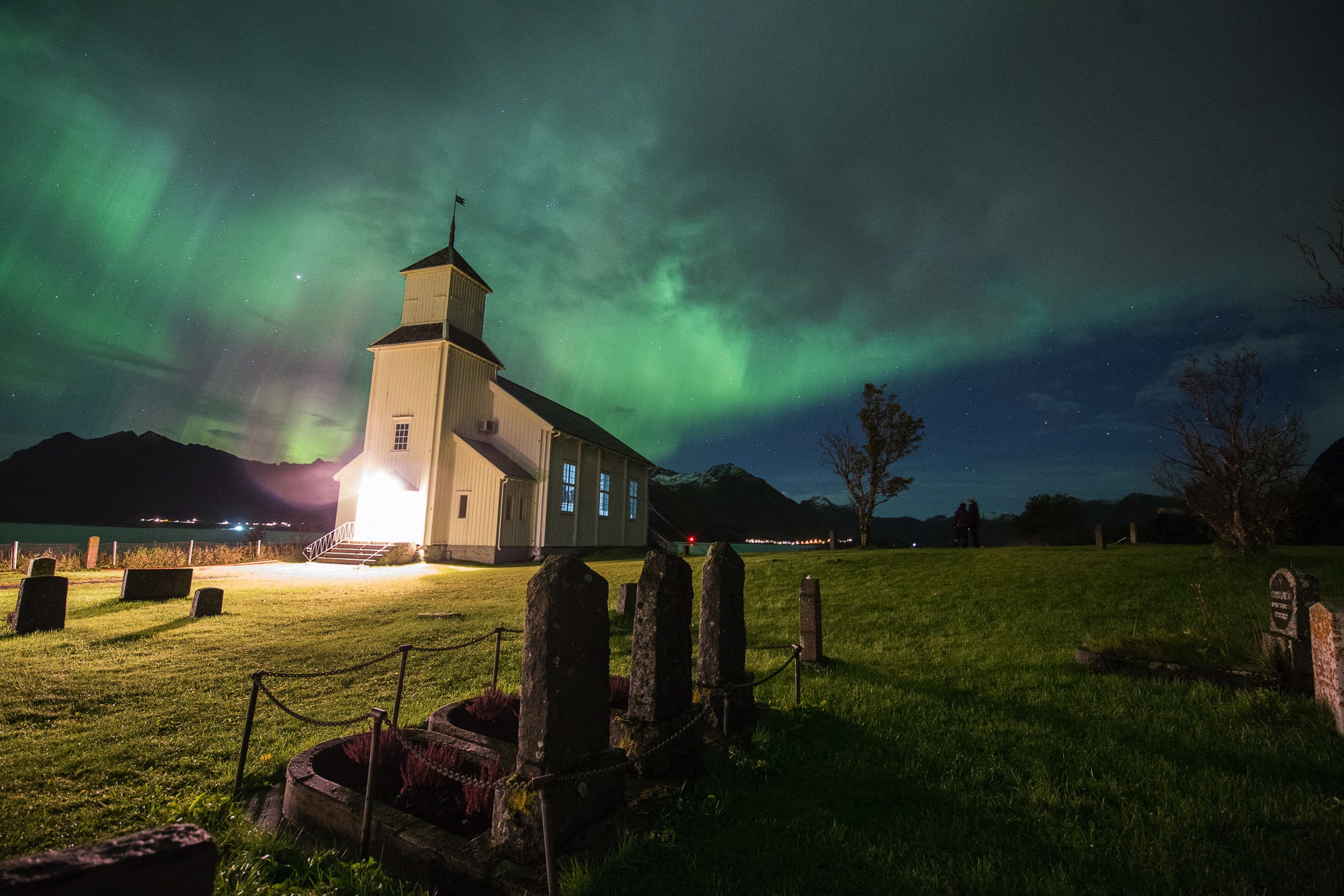 church on lofoten under the northern lights